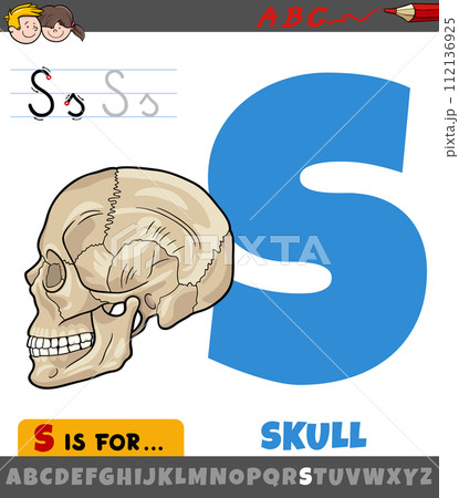 letter S worksheet with cartoon human skull 112136925