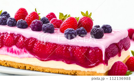 Delicious Berry Cake close-up on white. Cake with cream and berry sauce, fresh Berries. Decorate for the celebration or holiday 112136988