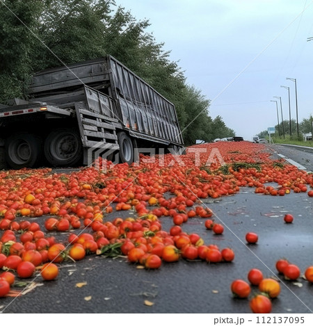 Mishap has occurred on country lane, where truck laden with tomatoes has tipped, spilling its cargo onto the road. Accident, incident, insured event, financial loss 112137095