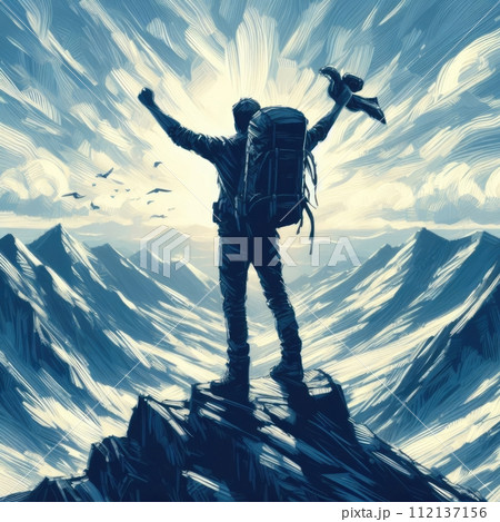 Curated visual reference: Visual Reference: Man Standing On The Top Of High Mountain のイラスト素材 112137156