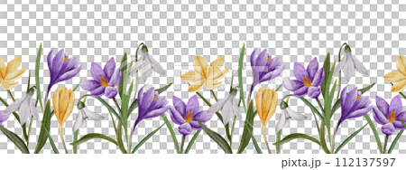 crocus and snowdrop flower seamless horizontal border, watercolor art, isolated spring clipart. Hand drawn botanical illustration. Elements for cards, logos, prints, wedding design crocus and snowdrop flower seamless horizontal border, watercolor art, isolated spring clipart. Hand drawn botanical illustration. Elements for cards, logos, prints, wedding design 112137597