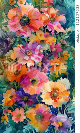 Watercolor illustration of colorful spring flowers, spring background 112137638