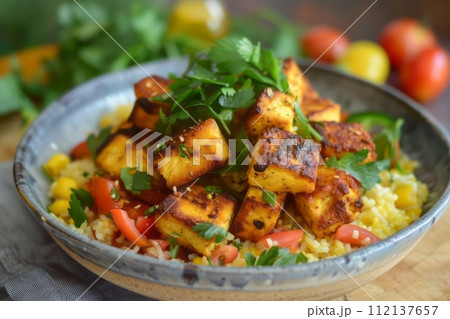 Summer light fresh vegetarian salad in bowl. A nutritious dish filled with fresh plantbased ingredients 112137657