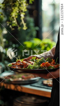 The waiter holds a tray with a plate in his hand, cafe or restaurant concept, fresh delicious food 112137664