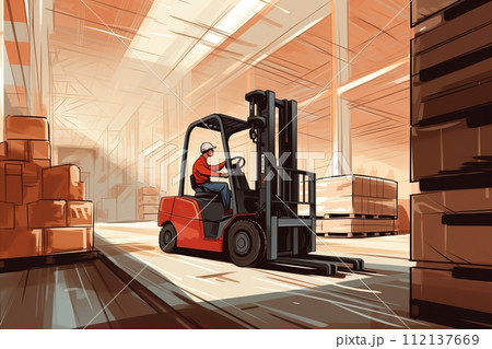 Warehouse worker operates a forklift in a warehouse, illustration of warehouse distribution center 112137669