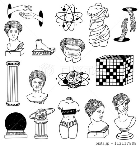 Abstract greek ancient sculpture and surreal geometric shapes. Set of stickers, pins, patches in trendy psychedelic weird cartoon style. Vector illustration EPS10 112137888