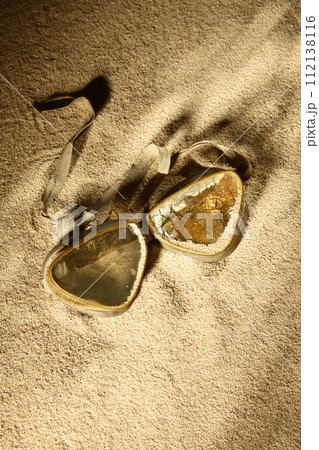 Two goggles are on the sand, one of which is broken 112138116