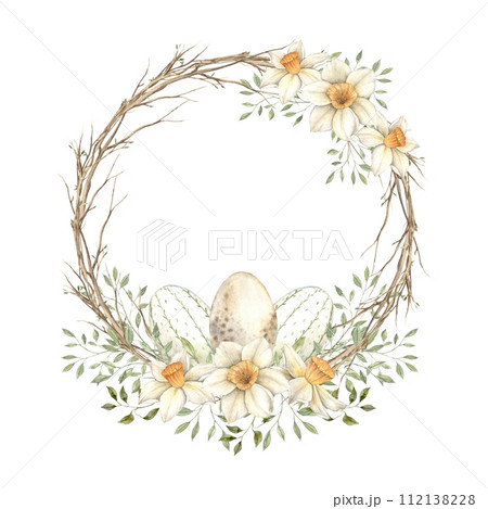 Watercolor Easter wreath of spring branches, with green leaves, daffodils and eggs. The illustration is hand drawn on an isolated background. Drawing for greeting cards, invitations, posters, book ill Watercolor Easter wreath of spring branches, with green leaves, daffodils and eggs. The illustration is hand drawn on an isolated background. Drawing for greeting cards, invitations, posters, book ill 112138228