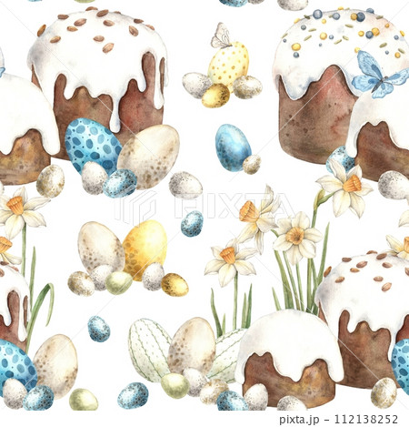 Watercolor Easter pattern with daffodils, Easter cake and eggs on a white background. Easter holiday illustration hand drawn. Sketch on isolated background for greeting cards, invitations, happy holid 112138252