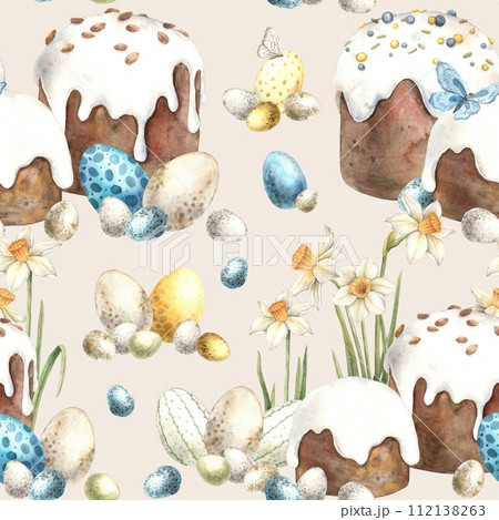 Watercolor Easter pattern with daffodils, Easter cake and eggs on a beige background. Easter holiday illustration hand drawn. Sketch on isolated background for greeting cards, invitations, happy holid 112138263