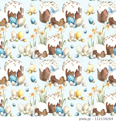 Watercolor Easter pattern with daffodils, Easter cake and eggs on a blue background. Easter holiday illustration hand drawn. Sketch on isolated background for greeting cards, invitations, happy holida 112138264