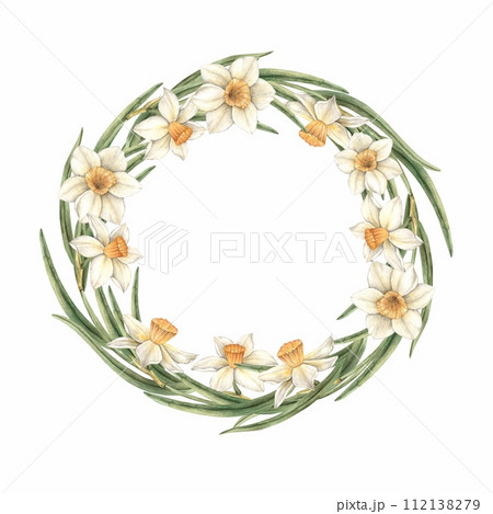 Watercolor Easter round frame of beautiful daffodils with green leaves. The illustration is hand drawn on an isolated background. Drawing for greeting cards, invitations, posters, book illustrations,  112138279