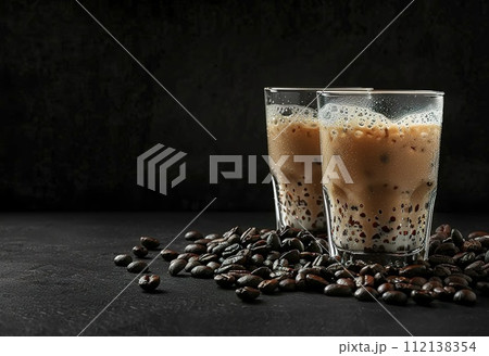 AI-generated content. Elegant glasses filled with creamy coffee on a rustic wooden table illuminated by soft, warm lighting - ideal for cafes and restaurants 112138354