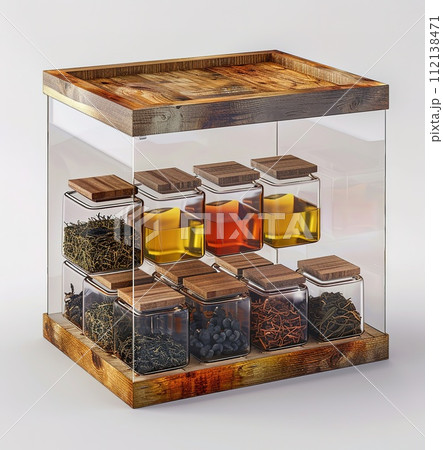 AI-generated content. A variety of dried herbs and spices arranged in a wooden cabinet with glass jars, ideal for culinary arts and kitchen decor. 112138471
