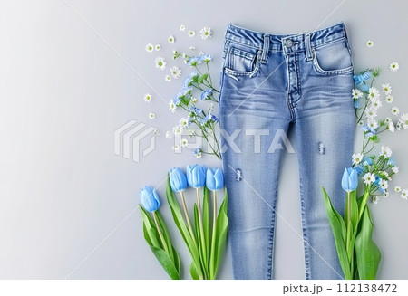 AI-generated content. A spring fashion ensemble with bright pink accessories and blue jeans on a pink background is perfect for a casual yet stylish look. 112138472