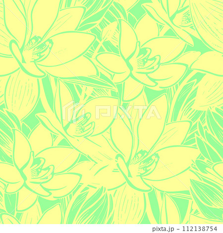 seamless yellow-green floral pattern, monochrome ornament, design, texture 112138754