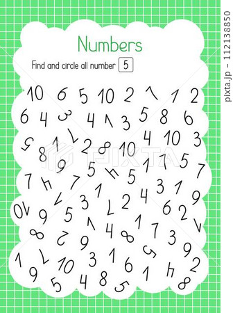 Find and circle number five simple educational activity for children, outline hand drawn vector illustration, educational printable worksheet, leisure activity learning concept, teacher resources 112138850