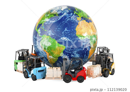 Forklift truck with parcels around Earth Globe. Worldwide delivery, global freight transportation, concept. 3D rendering Forklift truck with parcels around Earth Globe. Worldwide delivery, global freight transportation, concept. 3D rendering 112139020