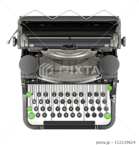 Mechanical Typewriter, top view. Old-Fashioned Traditional Portable Manual Typewriter, 3D rendering Mechanical Typewriter, top view. Old-Fashioned Traditional Portable Manual Typewriter, 3D rendering 112139024
