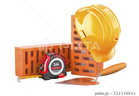 Bricks with masonry trowel, hard hat and tape measure. Construction concept. 3D rendering 112139033