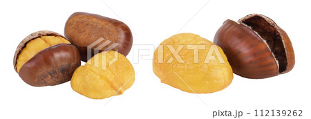 roasted peeled chestnut isolated on white background wit full depth of field. roasted peeled chestnut isolated on white background wit full depth of field. 112139262