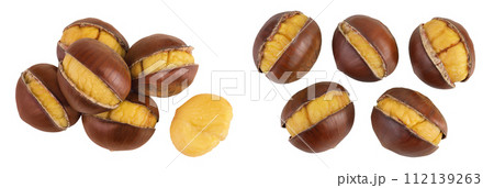 roasted peeled chestnut isolated on white background wit full depth of field. Top view. Flat lay 112139263