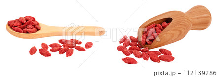Dried goji berries in wooden spoon and scoop isolated on white background with full depth of field 112139286