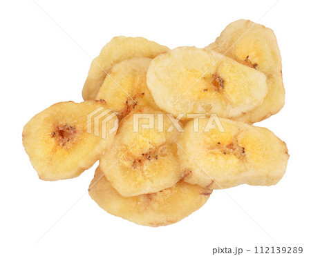 Dried banana chips isolated on white background with full depth of field. Top view. Flat lay 112139289