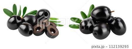 Black olives with leaves isolated on a white background with full depth of field. 112139293