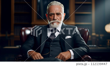 Senior Gentleman in Dark Suit Seated in Luxurious Armchair Surrounded by Books in Library Senior Gentleman in Dark Suit Seated in Luxurious Armchair Surrounded by Books in Library 112139447