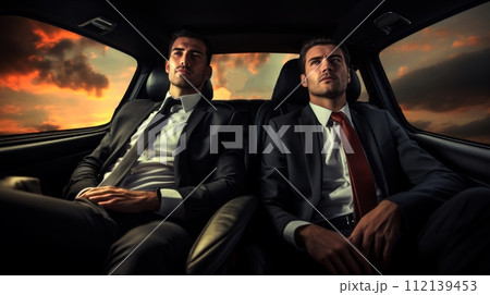 Two businessmen are sitting in the back seat of a car looking out the window. 112139453