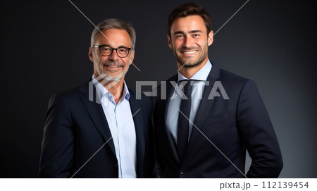 Two businessmen in elegant suits on dark background, symbolizing experience and youth in business. 112139454