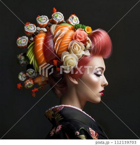 Profile of woman with bizarre sushi headwear, over dark background 112139703