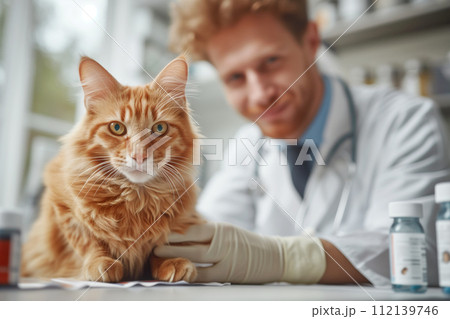 Veterinarian smiling at the camera with a ginger cat on the examination table 112139746