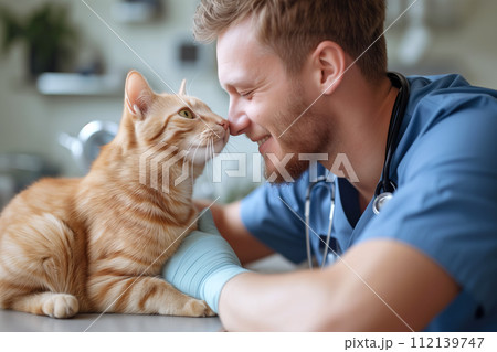 Veterinarian bonding with a ginger cat at the clinic 112139747