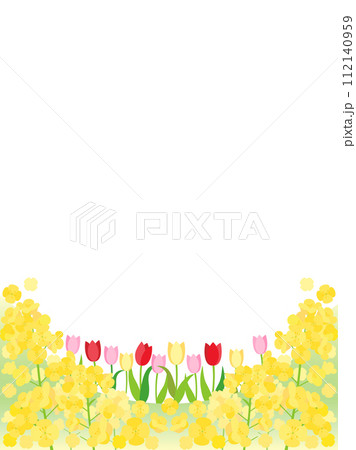 菜の花とチューリップの春の丘のカード　縦型バージョン 112140959