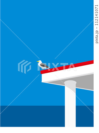 青空の日に赤い屋根の上で海を見ているカモメ 青空の日に赤い屋根の上で海を見ているカモメ 112141071