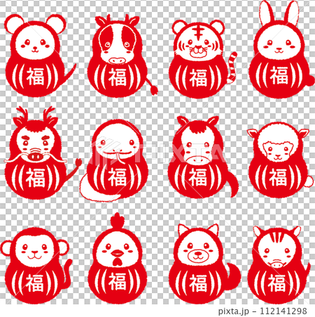 12生肖紅色達摩郵票風格插畫集 12生肖紅色達摩郵票風格插畫集 112141298