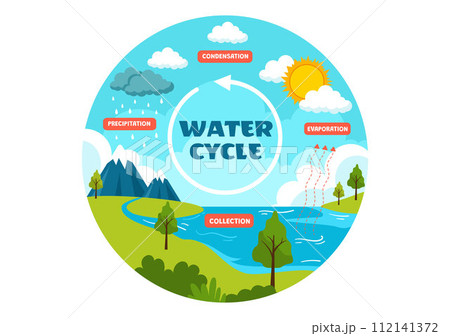 Water Cycle Vector Illustration with Evaporation, Condensation, Precipitation to Collection in Earth natural environment in Flat Cartoon Background Water Cycle Vector Illustration with Evaporation, Condensation, Precipitation to Collection in Earth natural environment in Flat Cartoon Background 112141372