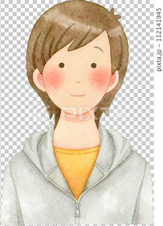 正面向きの中性的な若い人物(多様性)の水彩イラスト 112141945