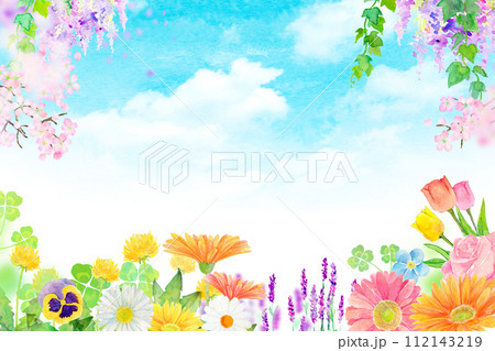 水彩で描いた花たちの装飾フレーム 112143219