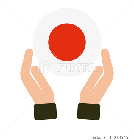 丸い日本国旗を持っている手。ベクター。 112145452