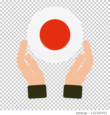 丸い日本国旗を持っている手。ベクター。 112145452