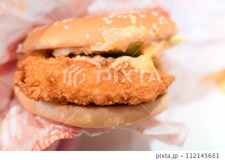 手持ちしたチキンバーガー 手持ちしたチキンバーガー 112145681