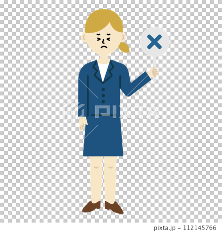 Illustration of a woman in a blue suit giving an incorrect answer 112145766