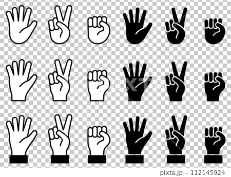 石頭、紙、剪刀手標誌圖示的向量插圖集 112145924