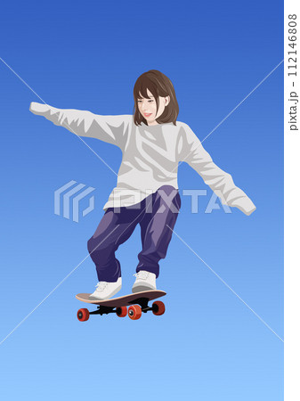 空中でスケボーをする少女イラストのイラスト素材 [112146808] - PIXTA