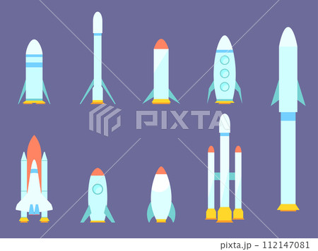 Spaceships and rockets set isolated. Space rocket program. Spaceships for space exploration and flight to Mars. Icon design for print, banners and advertising. Vector illustration 112147081