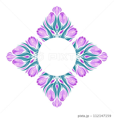 Vector frame with crocuses, foliages and place for text. Decorative card of spring flowers and copy space isolated from background. 112147159