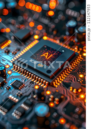 Microcontroller Circuit Board with Bright Orange Light 112147953